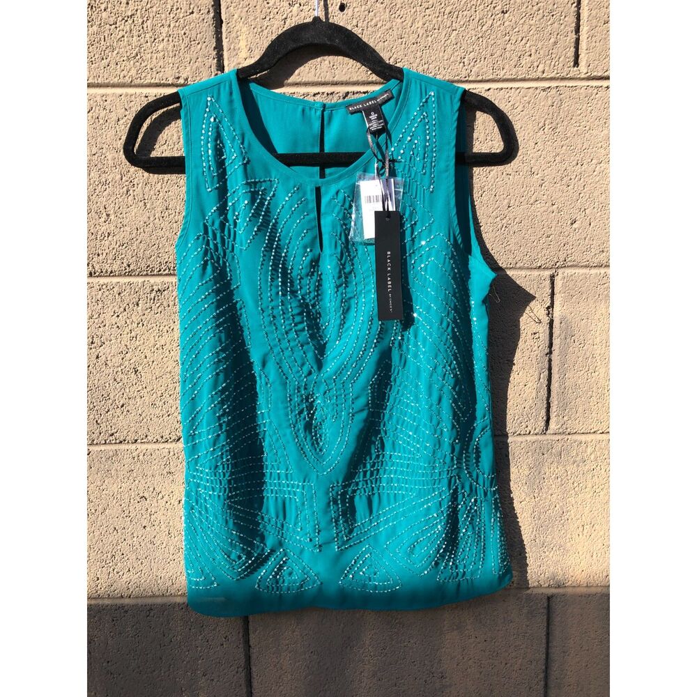 NWT Chicos Black Label Beaded Front Tank Top Fanfare Green Art Deco Blouse 0/ 4